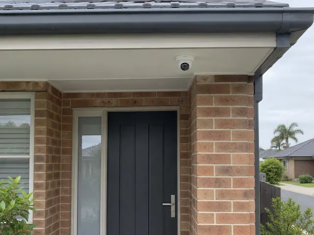 White dome CCTV camera mounted under a house eave above a brick front door in Southport