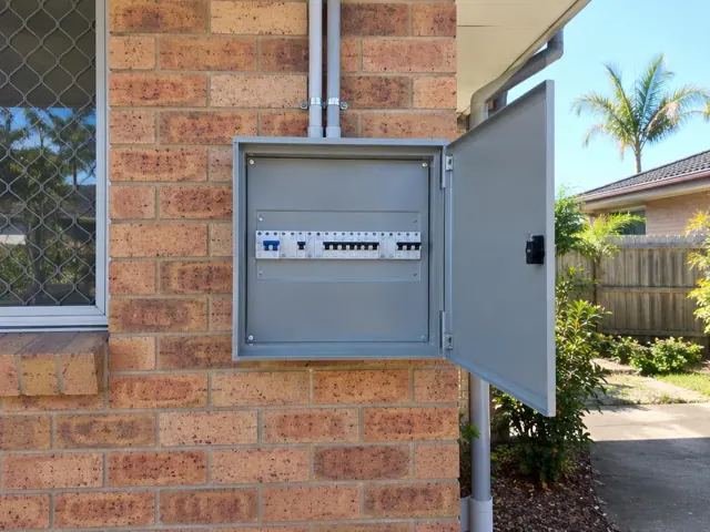 Exterior switchboard cabinet on a brick home wall with the door open in Carrara